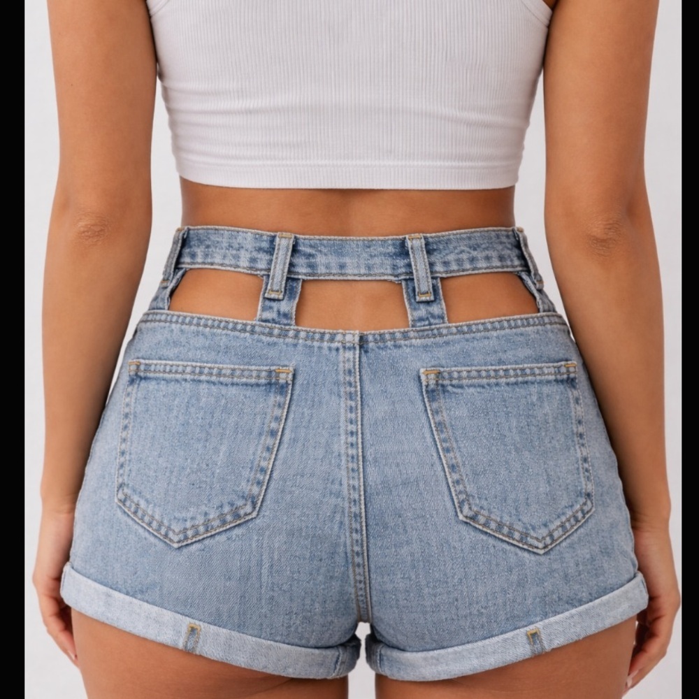 Cutout High-Rise Light Wash Blue Cuffed Denim Jean Shorts (XL)‎